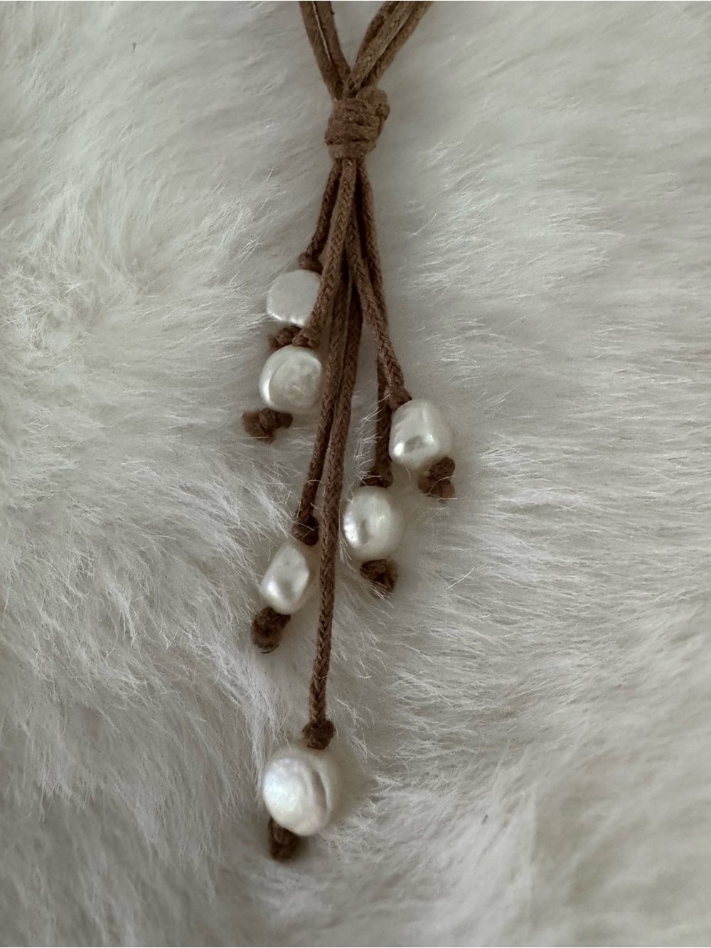Pearl Charm Necklace on Brown Cord-Adjustable